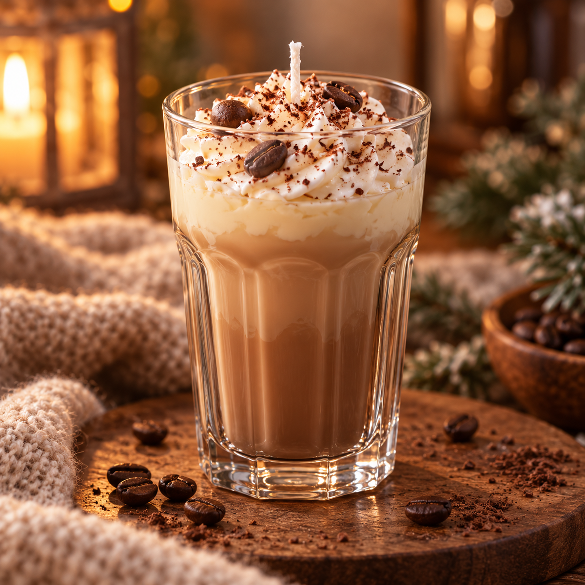 SugarBloom Candles Irish Coffee Cloud candle in a tall faceted glass with cream topping, coffee beans and cocoa sprinkles