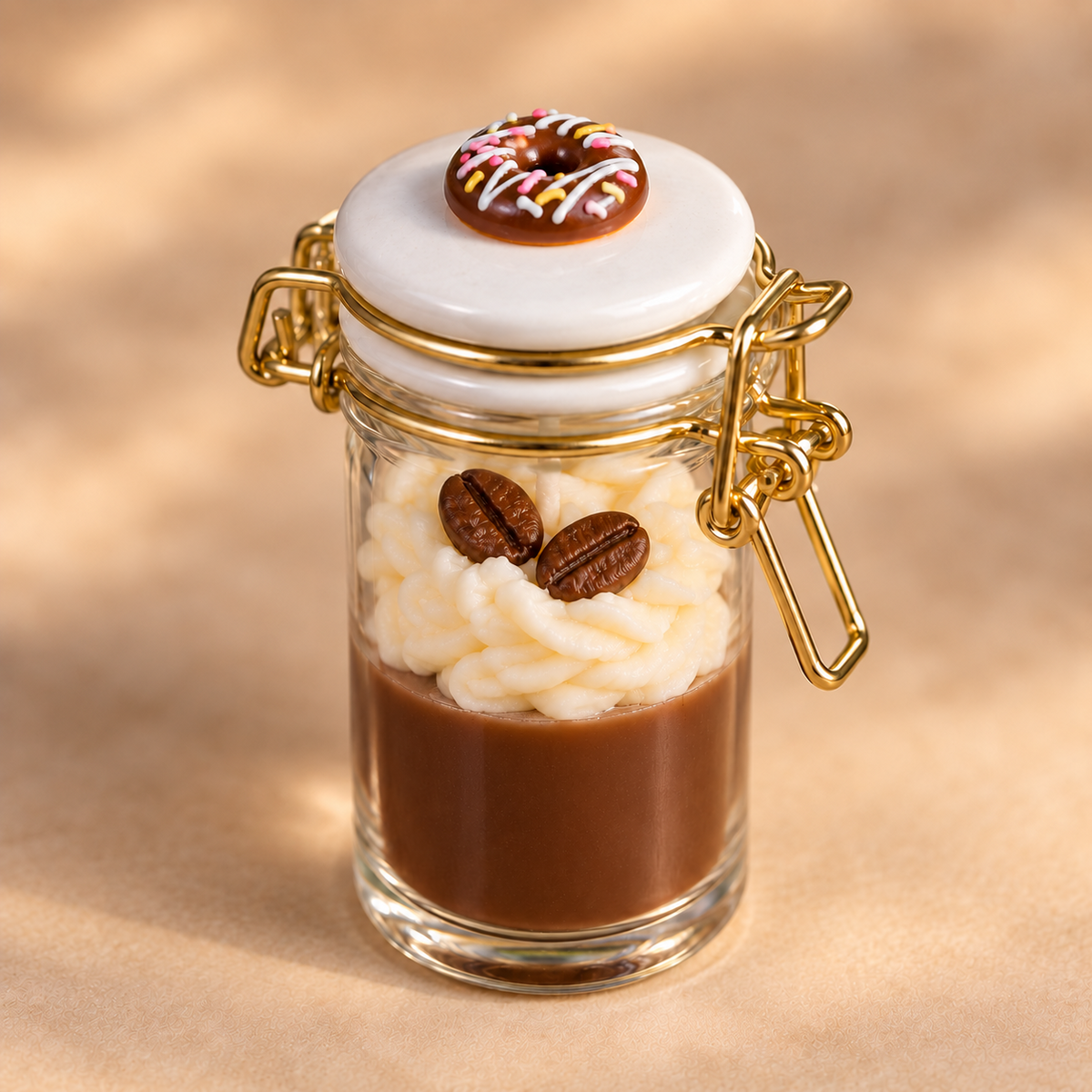 SugarBloom Irish Coffee Cloud Mini candle in a glass jar with coffee layer, cream topping, two coffee beans and decorative donut lid