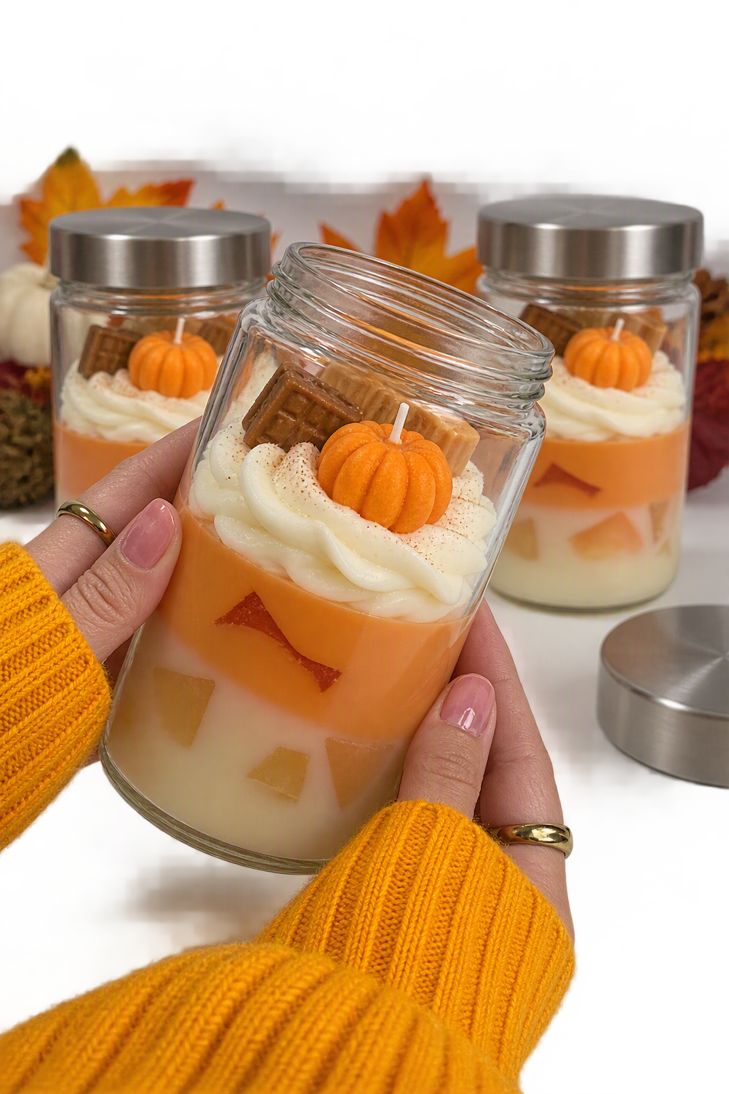 SugarBloom Candles Pumpkin Spice Latte Autumn Edition candle with pumpkin-inspired wax, cream topping and autumn decorations